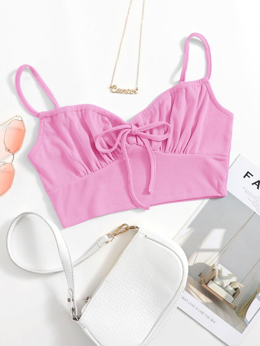 SHEIN 打褶打結短款吊帶上衣 - 粉色 - 查看 1