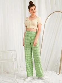 SHEIN Qutie 大方格紋直腿褲子 - 青檸色 - 查看 3