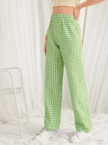 SHEIN Qutie 大方格紋直腿褲子 - 青檸色 - 查看 4