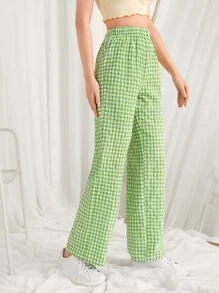 SHEIN Qutie 大方格紋直腿褲子 - 青檸色 - 查看 5