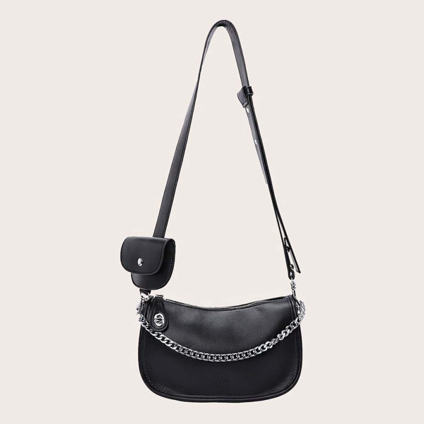 

Pocket Decor Chain Shoulder Bag, Black