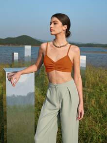 SHEIN Top de tirantes de pecho fruncido - Naranja Quemada - Ver 4