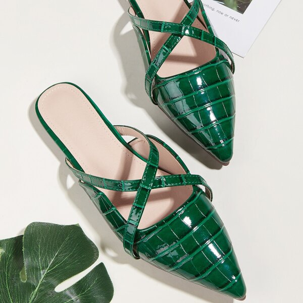 

Random Croc Embossed Flat Mules, Green