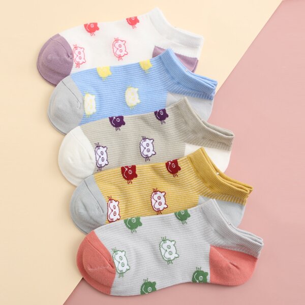 

5pairs Cat Print Ankle Socks, Multicolor