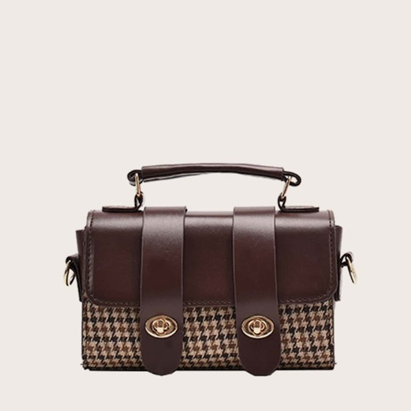 

Houndstooth Pattern Satchel Bag, Brown