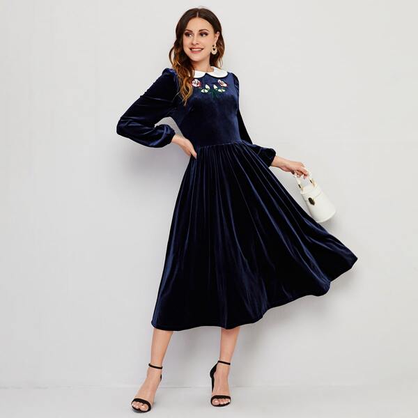 

Contrast Peter Pan Collar Floral Embroidered Velvet Dress, Navy blue