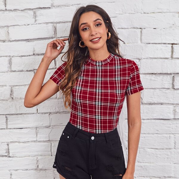 

Mock Neck Plaid Tee, Burgundy