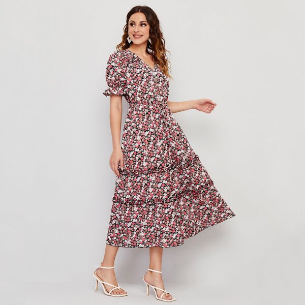 

Puff Sleeve Layered Hem Ditsy Floral Dress, Multicolor