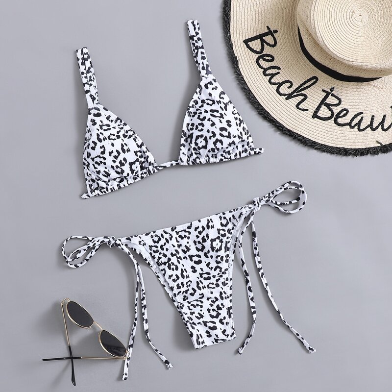 

Leopard Triangle Tie Side Bikini Swimsuit, Black and white