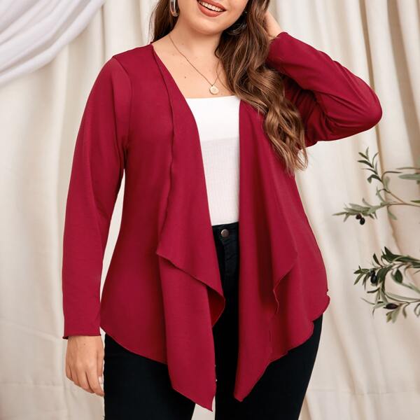 

Plus Waterfall Collar Solid Kimono, Red