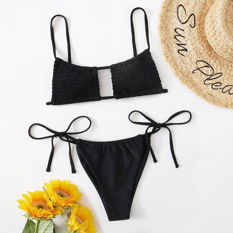 

Smocked Tie Side Bikini Swimsuit, Black