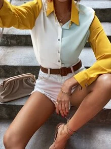 SHEIN Essnce Colourblock Button Up Chiffon Shirt - Multicolor - View 1