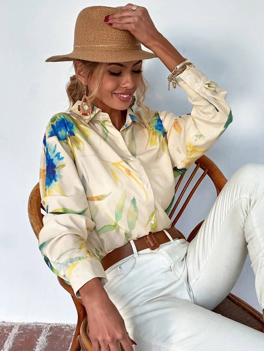 Floral Button Up Curved Hem Shirt