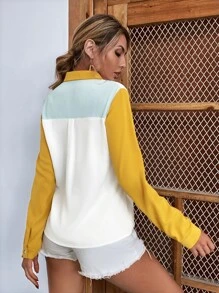 SHEIN Essnce Colourblock Button Up Chiffon Shirt - Multicolor - View 2