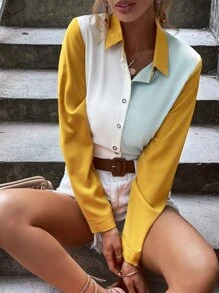 SHEIN Essnce Colourblock Button Up Chiffon Shirt - Multicolor - View 3