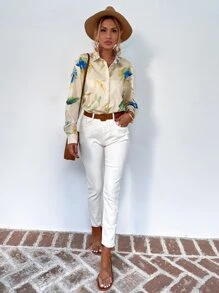 Floral Button Up Curved Hem Shirt