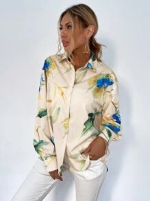 Floral Button Up Curved Hem Shirt