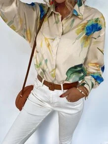 Floral Button Up Curved Hem Shirt