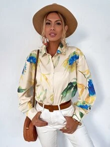 Floral Button Up Curved Hem Shirt