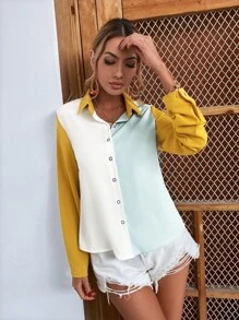 SHEIN Essnce Colourblock Button Up Chiffon Shirt - Multicolor - View 7
