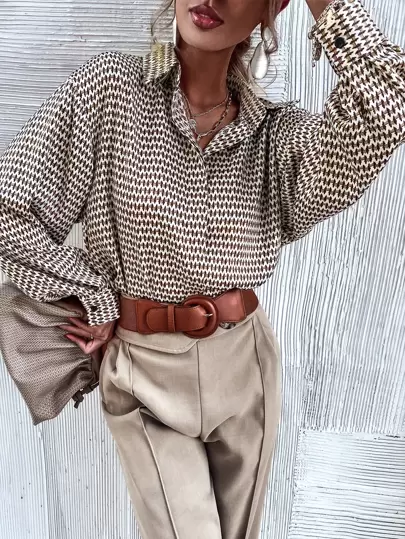 Aveloria Hidden Button Allover Print Longline Shirt,Ladies Casual Button Long Sleeve Collar Oversized Long Multicolor Bishop Sleeve Shirt Women Blouses,Spring/Fall ,Casual Daily Wear,Long Sleeve Tops