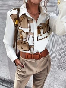 Aveloria Button Front Horse Print Shirt - White - View 4