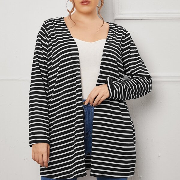 

Plus Open Front Striped Kimono, Black and white