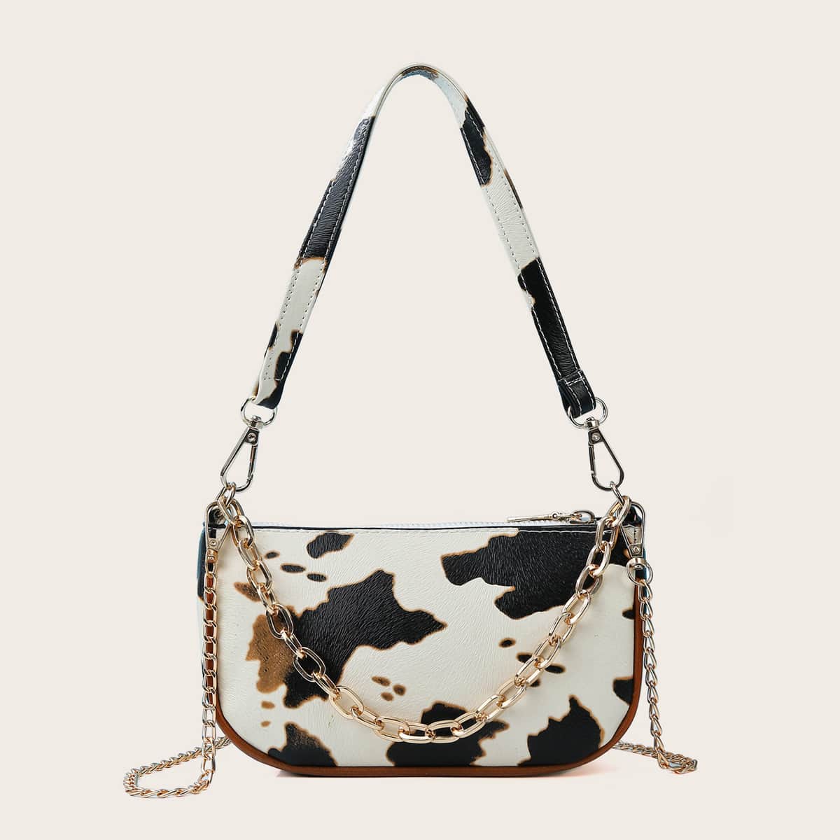 

Cow Pattern Chain Baguette Bag, Black and white