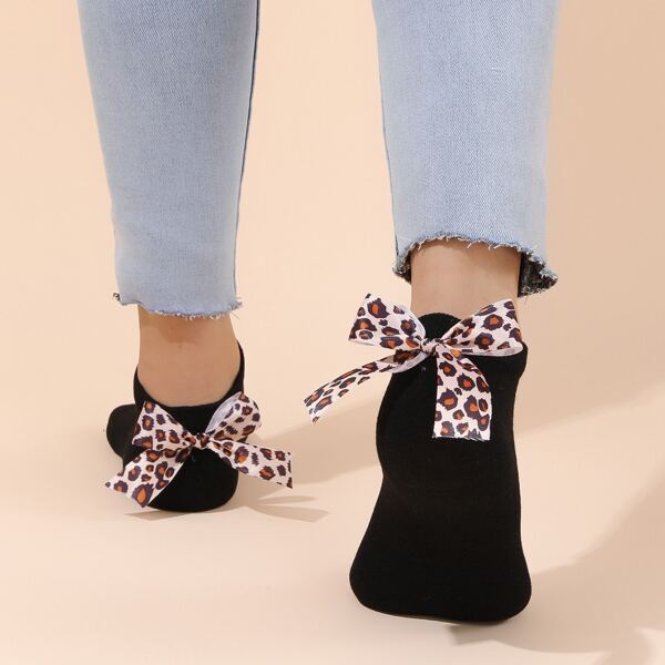 

Leopard Bow Decor Ankle Socks, Black