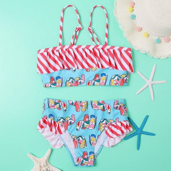 

Girls Cartoon & Striped Graphic Ruffle Bikini Swimsuit, Multicolor