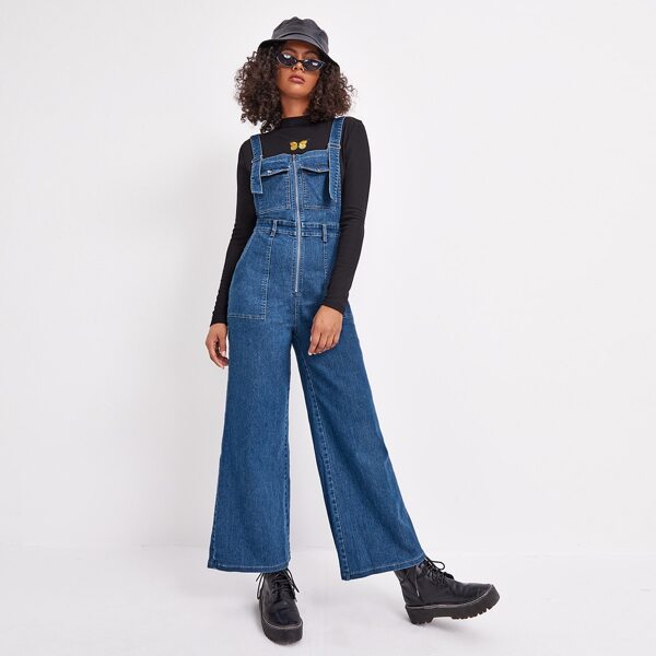 

Zip Front Flap Pocket Denim Overalls, Medium wash