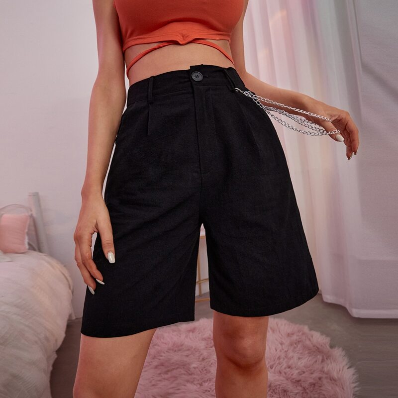 

Chain Detail Solid Bermuda Shorts, Black