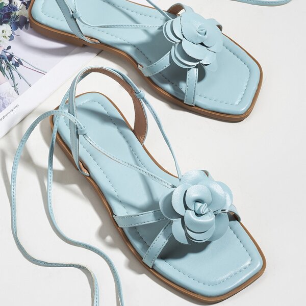 

Flower Decor Tie Leg Flat Sandals, Baby blue