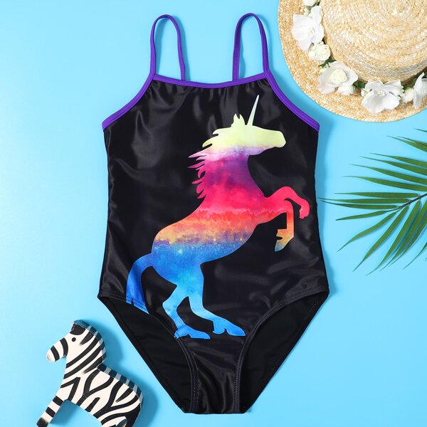 

Girls Unicorn Graphic Contrast Binding One Piece Swimsuit, Black