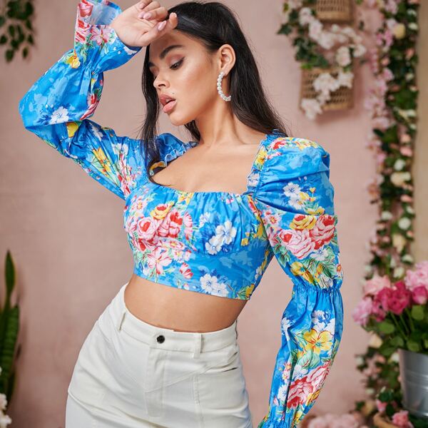 

Flounce Sleeve Tie Backless Floral Top, Multicolor