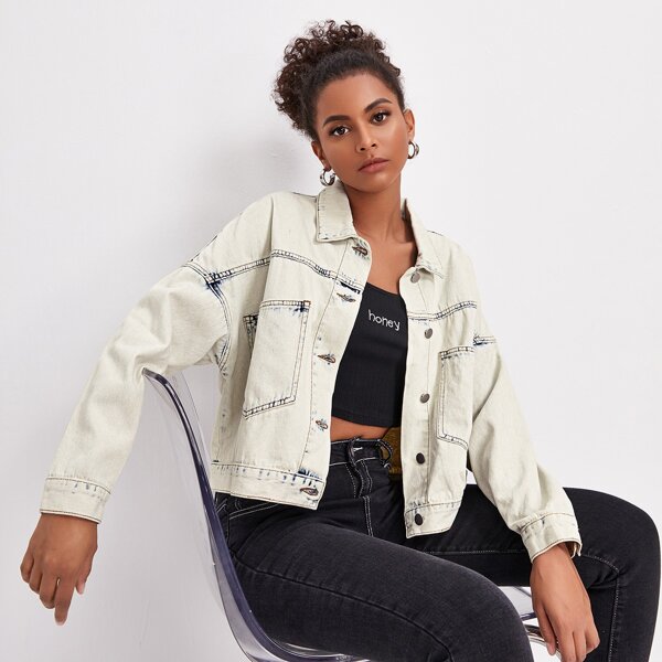 

Drop Shoulder Buttoned Denim Jacket, Beige