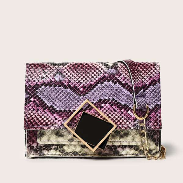 

Snakeskin Print Flap Crossbody Bag, Multicolor