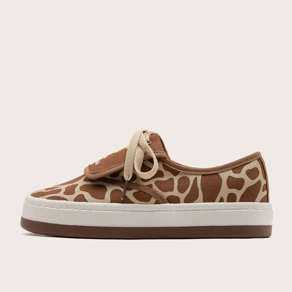 

Lace-up Decor Giraffe Pattern Canvas Shoes, Brown