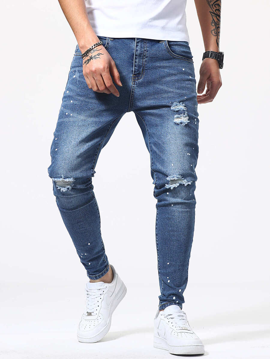 Manfinity Men Paint Splatter Pattern Ripped Jeans - Medium Wash - View 1