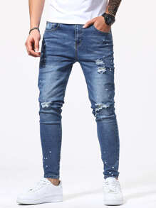 Manfinity Men Paint Splatter Pattern Ripped Jeans - Medium Wash - View 3