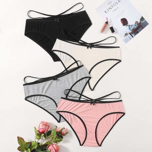 

4pack Plus Rib Contrast Binding Panty Set, Multicolor