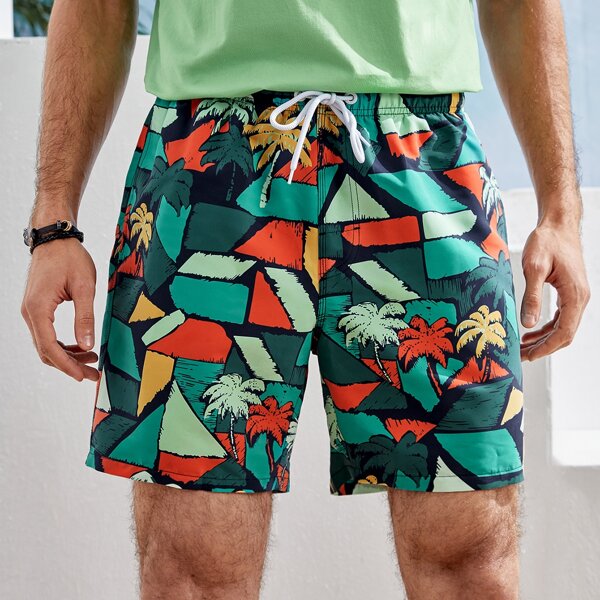 

Men Tropical And Geo Print Drawstring Swim Trunks, Multicolor