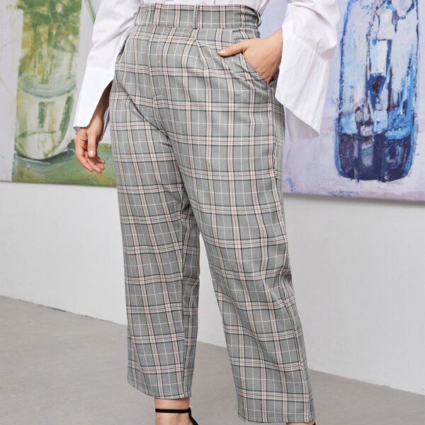 

Plus Plaid Pocket Straight Pants, Multicolor