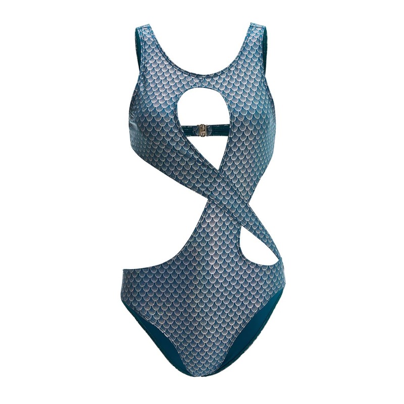 

Fish Scales Cut Out One Piece Swimsuit, Blue