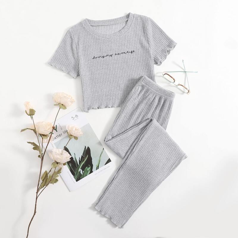

Letter Graphic Rib-knit Lettuce Trim Lounge Set, Light grey