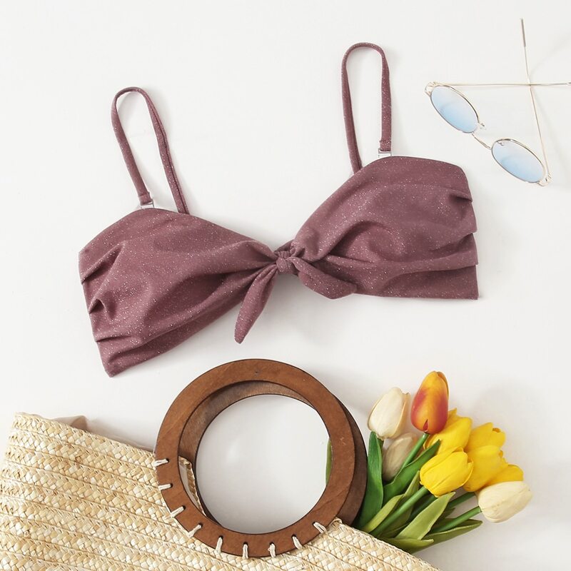 

Glitter Knot Front Bikini Top, Redwood