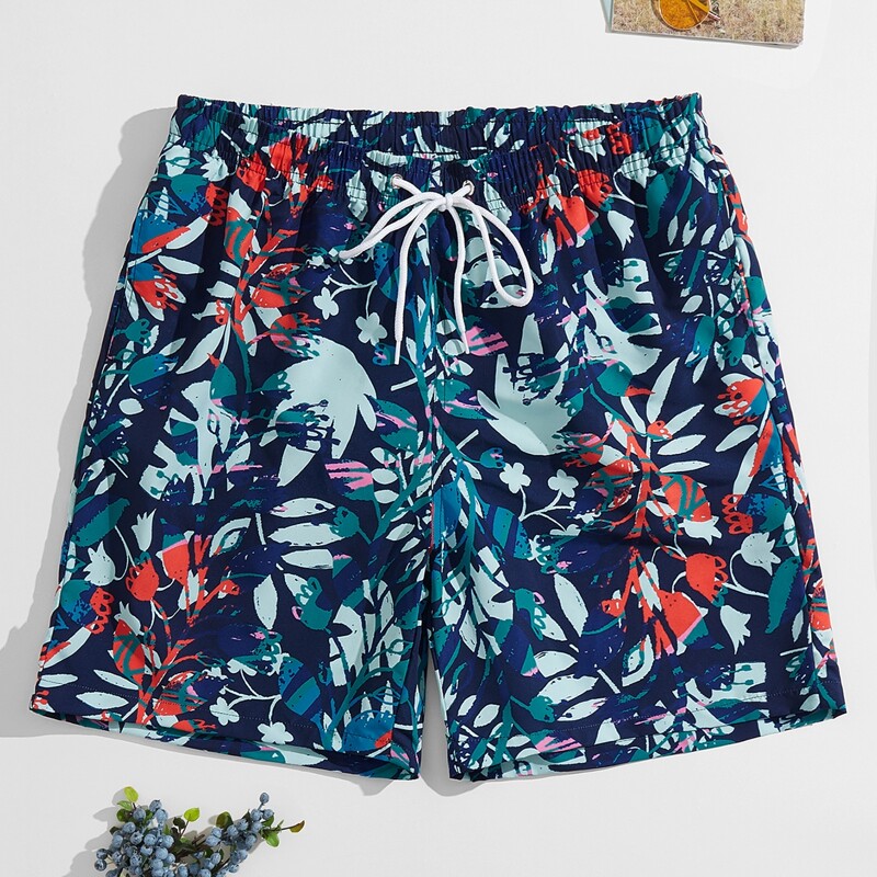 

Guys Plants Print Drawstring Swim Trunks, Multicolor