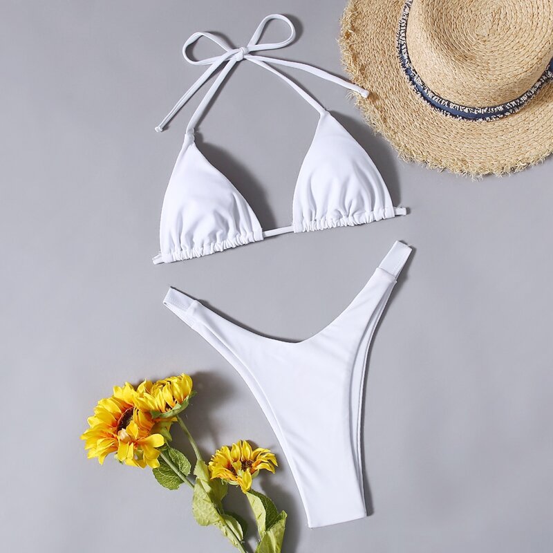 

Triangle High Cut Bikini Swimsuit, White