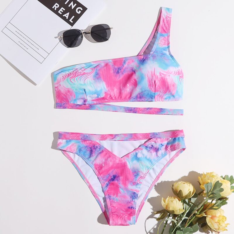 

Tie Dye One Shoulder Bikini Swimsuit, Multicolor