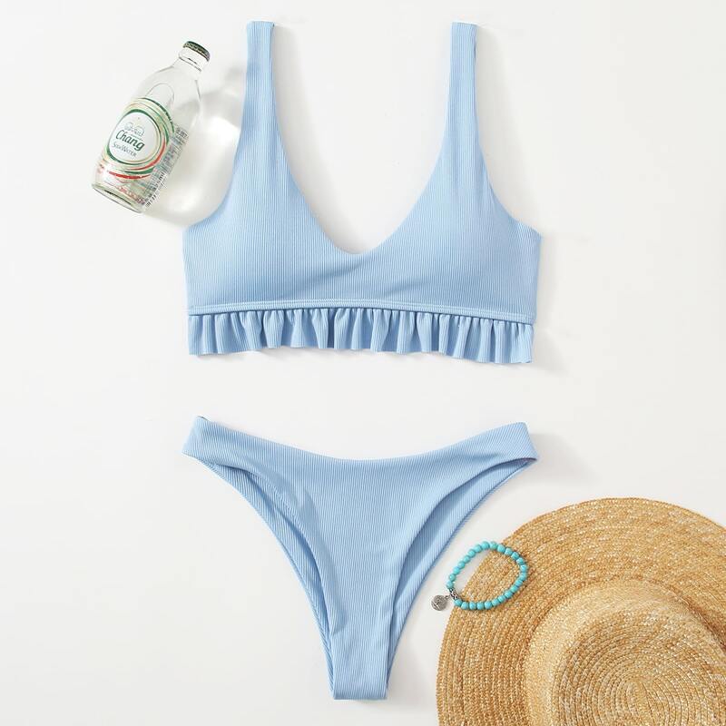 

Rib Ruffle Trim Bikini Swimsuit, Baby blue